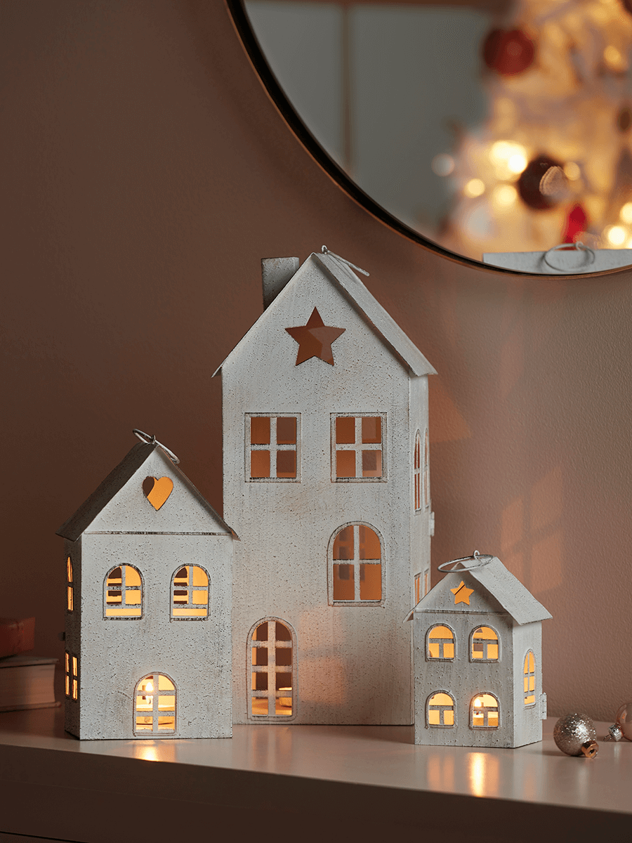 NEW Three Whitewashed House Tealight Lanterns