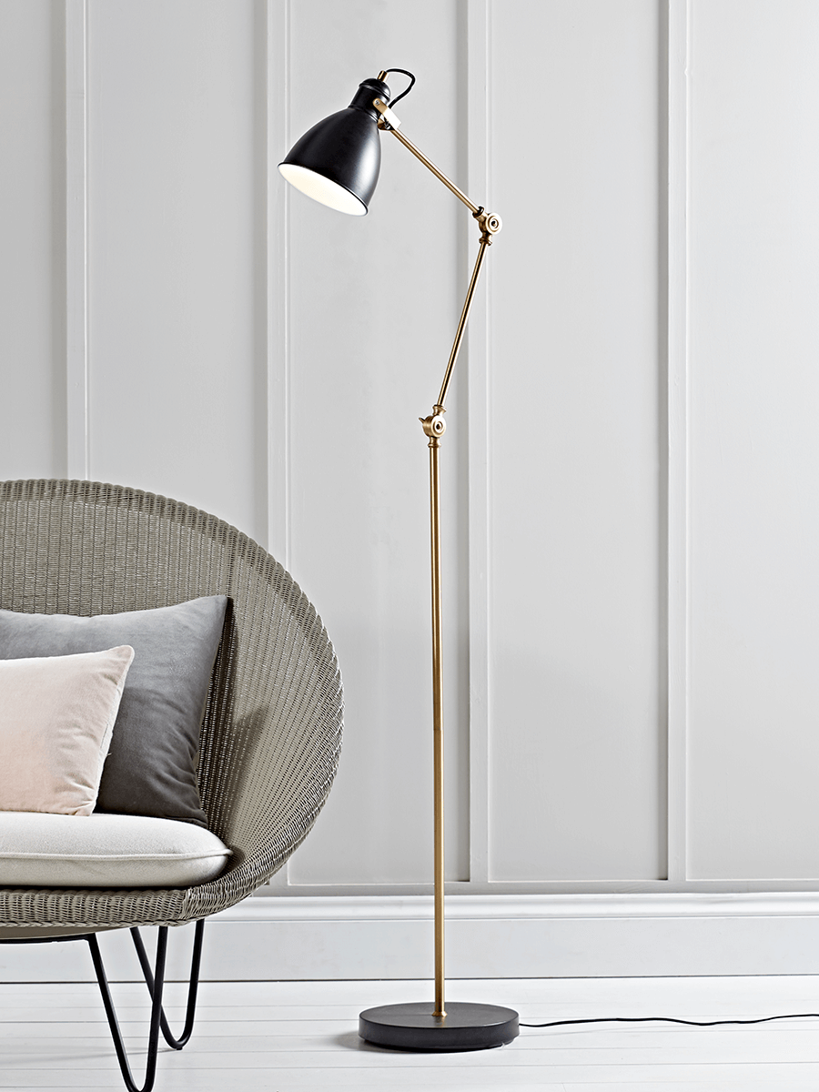 Product photograph of Black Brass Angle Floor Lamp from Cox and Cox.