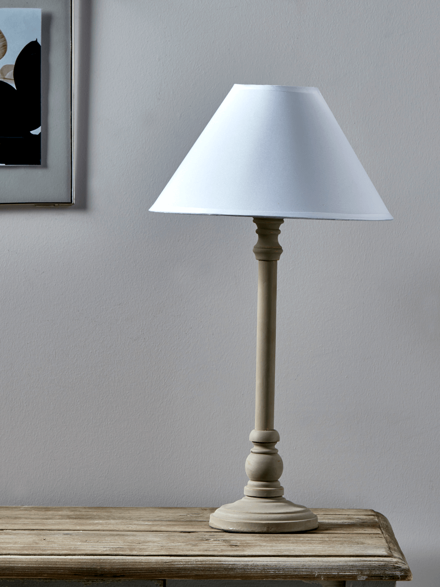 Photo of Turned taupe bedside lamp