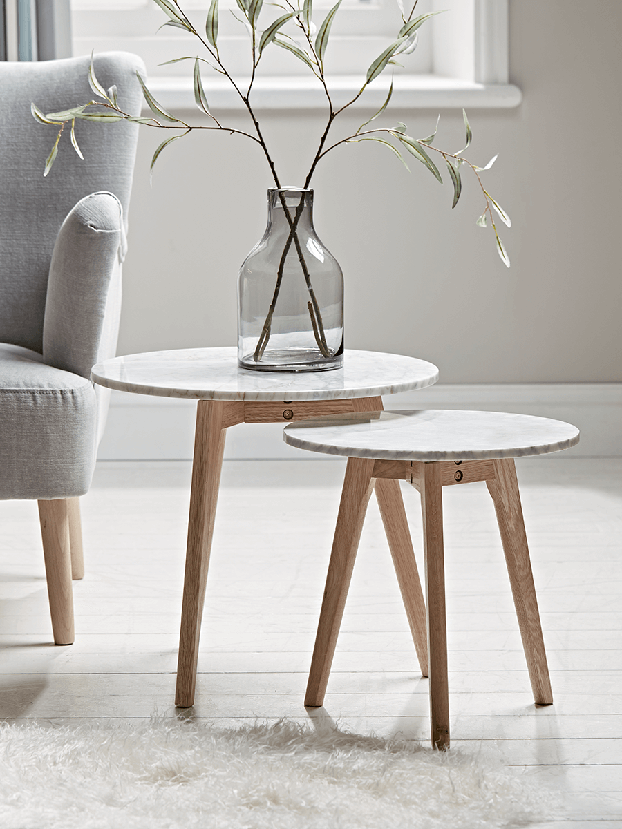 

Two Oak & Marble Nested Tables