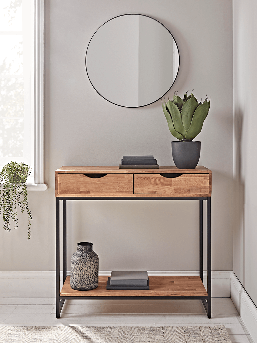 Oak Two Drawer Console Table, Wood And Metal Console Table With Storage