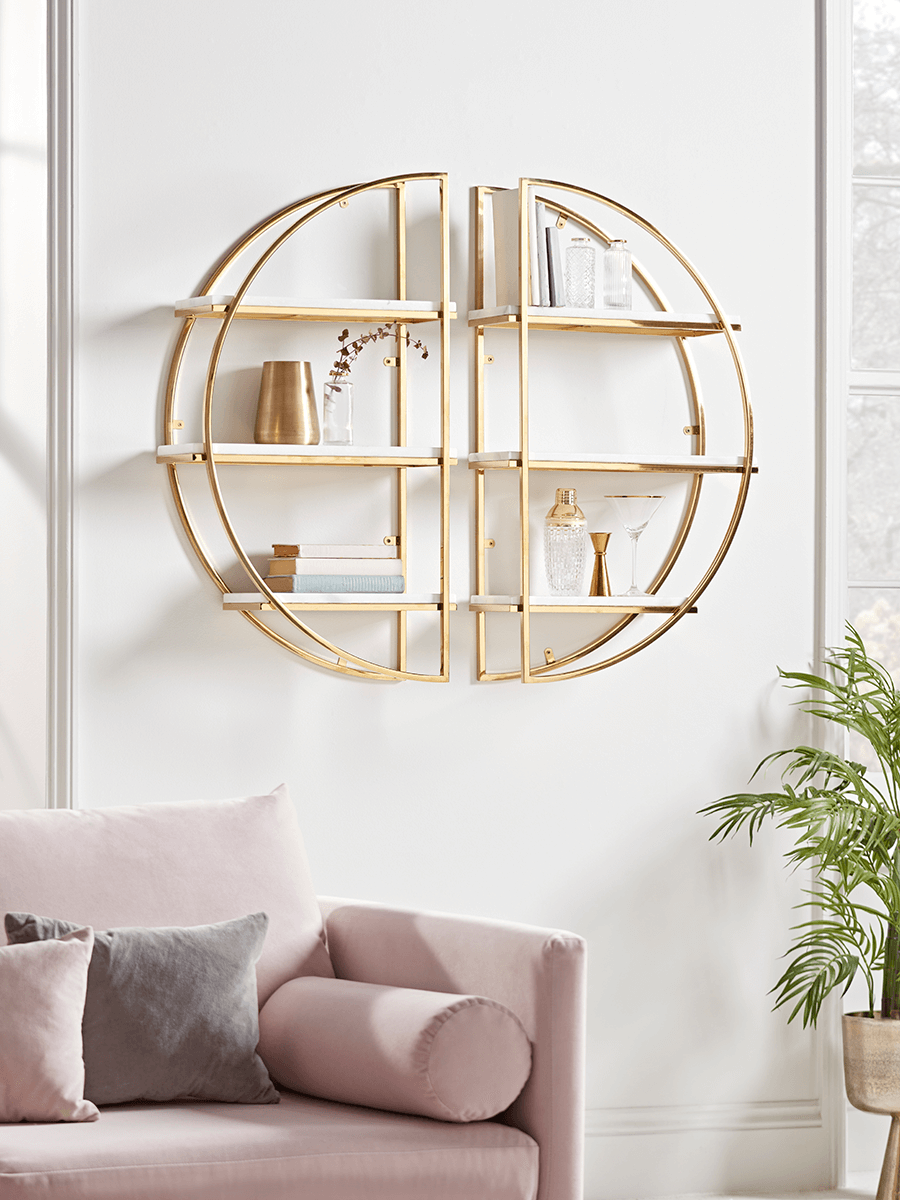 

NEW Two Gold & Marble Half Round Shelves