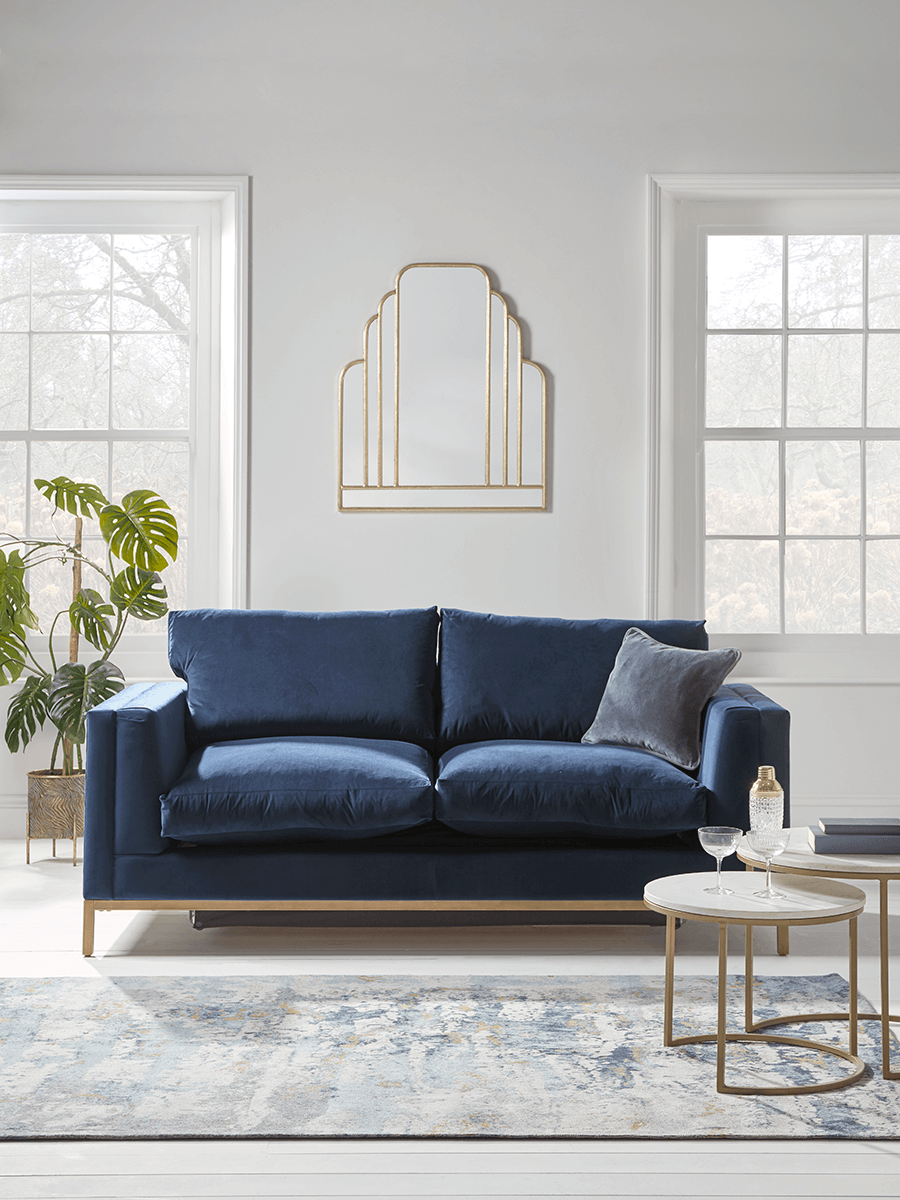 Product photograph of Deco Three Seater Sofa Bed - Navy Velvet from Cox and Cox.