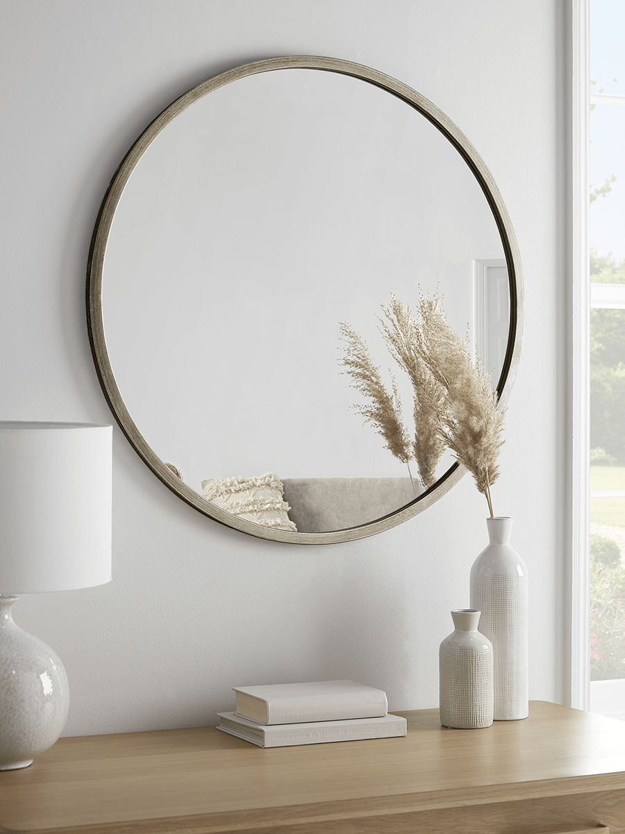 Burnished Silver Bevelled Round Mirror - Large