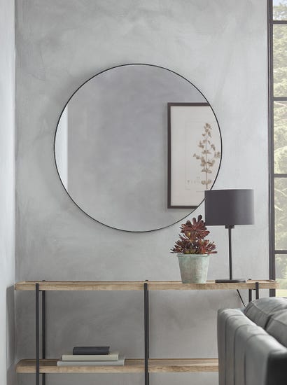 Black Slim Frame Round Mirror - Large