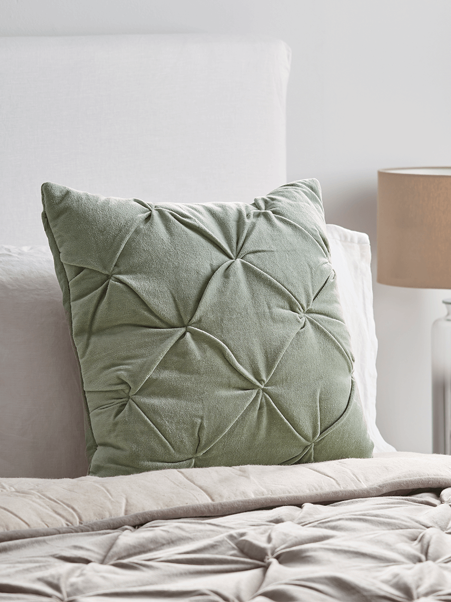 Product photograph of Velvet Pin-tucked Cushion - Sage from Cox and Cox