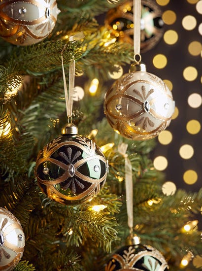 Six Green & Cream Deco Glass Baubles