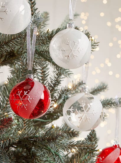 Six Snowflake Glass Baubles - Red Mix