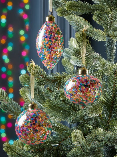 Twelve Lustre Sequinned Glass Baubles