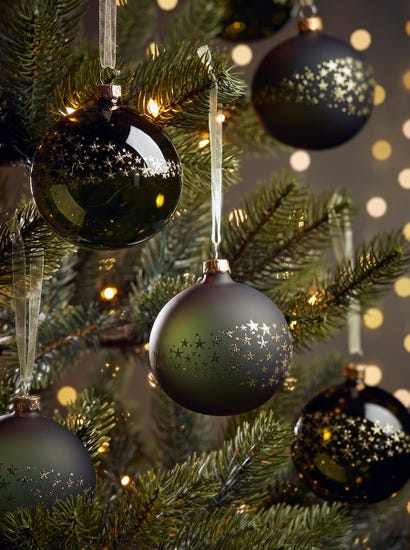 Six Glittered Star Glass Baubles - Spruce