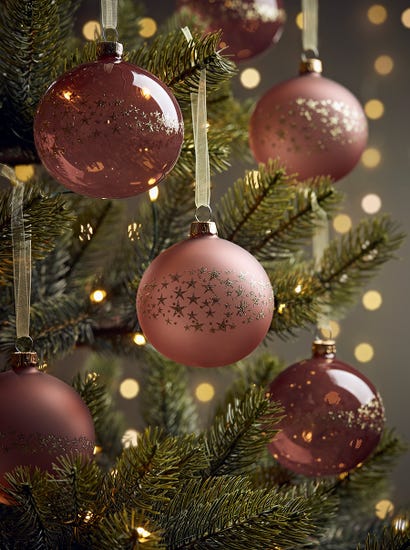 Six Glittered Star Glass Baubles - Blush
