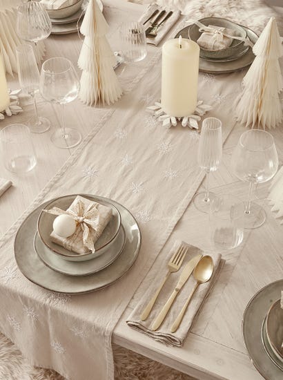 Neutral Embroidered Snowflakes Table Runner