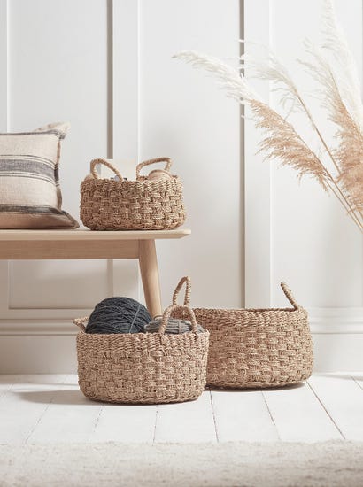Three Woven Seagrass Storage Baskets