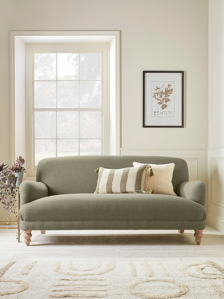 Product photograph of Horton Three Seater Sofa - Olive Luxury Linen from Cox and Cox