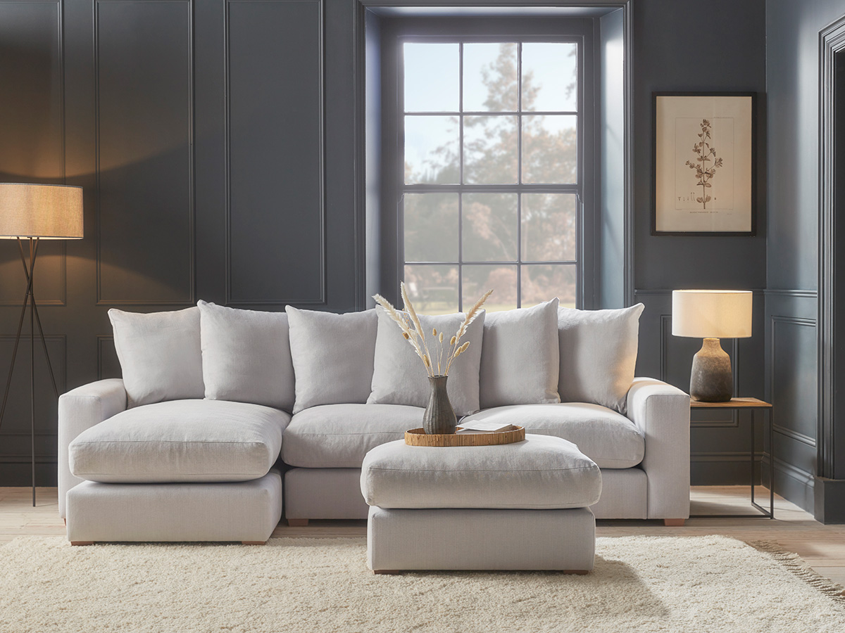 Product photograph of Lyon Chaise Right Hand Sofa Dove Velvet from Cox and Cox.