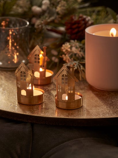 Three Brass House Tealight Holders