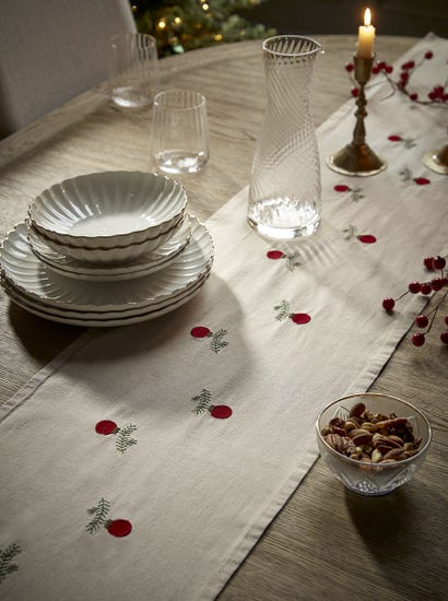 Cotton Embroidered Bauble Table Runner