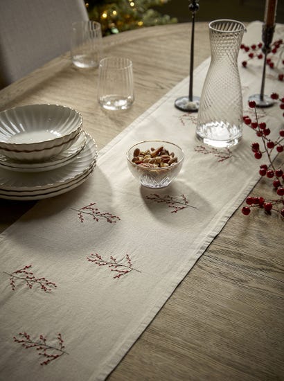 Cotton Embroidered Berry Table Runner