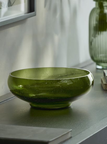 Olive Bubbled Glass Serving Bowl