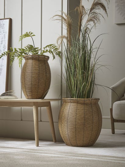 Two Curved Faux Rattan Planters