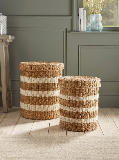 Two Woven Striped Lidded Storage Baskets