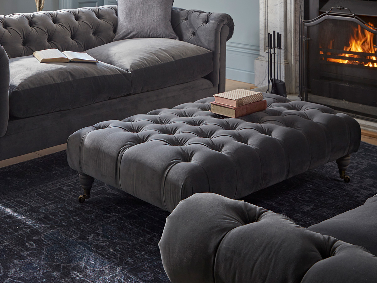 Product photograph of Buttoned Coffee Table Ottoman Natural Boucle from Cox and Cox.