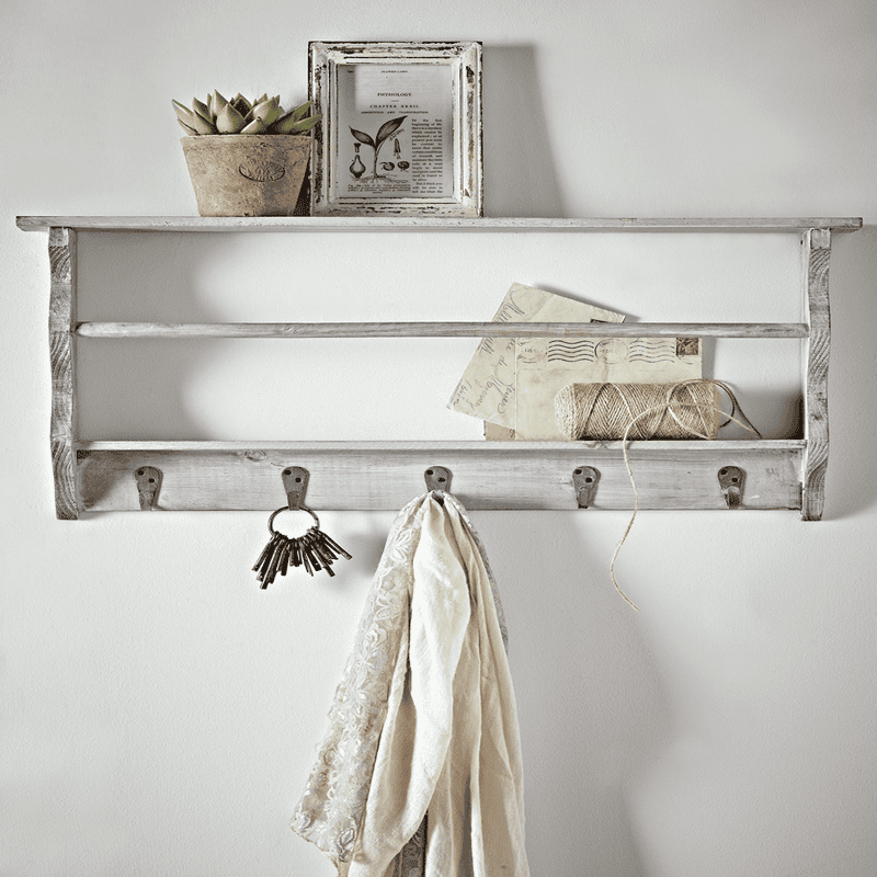 Grey Washed Wall Rack With Hooks