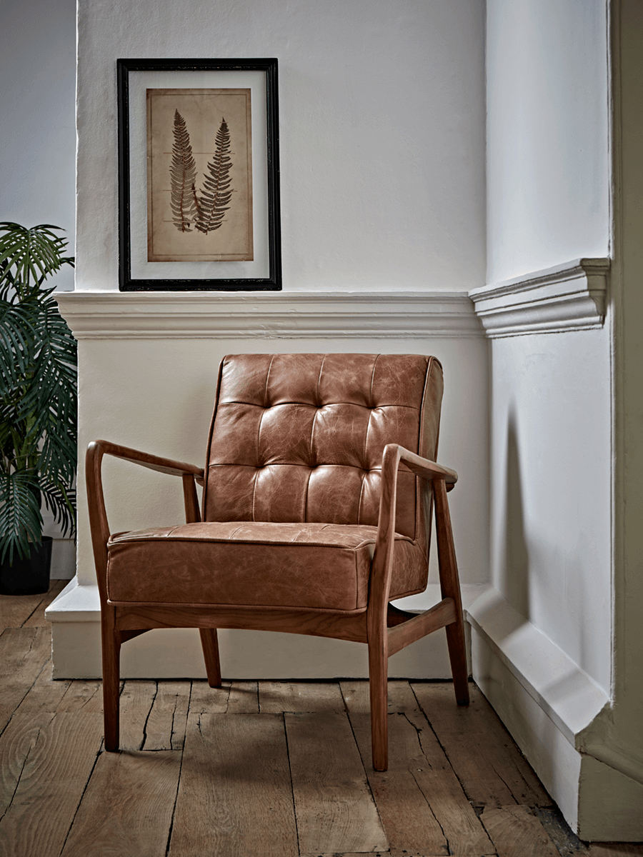 Product photograph of Mid Century Armchair - Leather from Cox and Cox