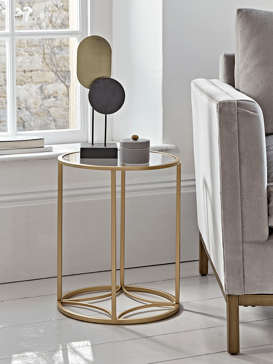 Product photograph of Round Gold Glass Side Table from Cox and Cox