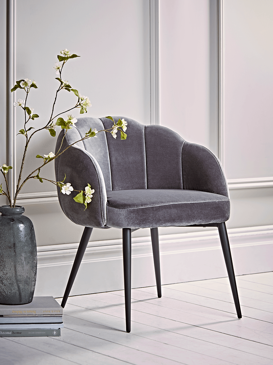 grey scalloped velvet chair