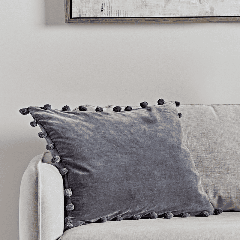 Velvet Pom Pom Cushion Dark Grey