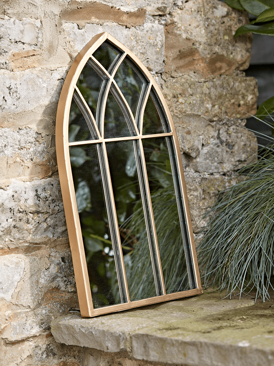 Product photograph of Outdoor Small Gold Gothic Mirror from Cox and Cox