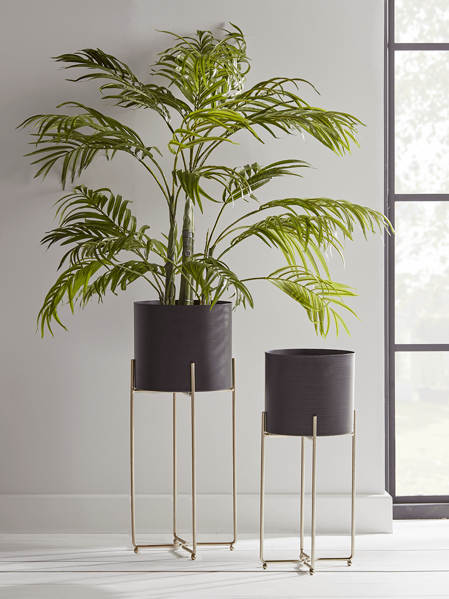 

Two Black & Brass Standing Planters