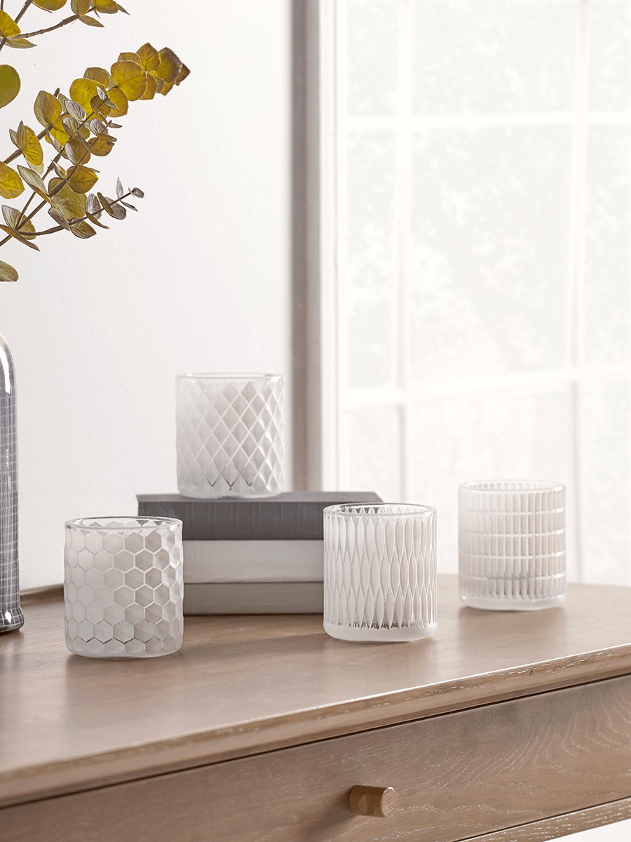 Four White Geometric Tealight Holders