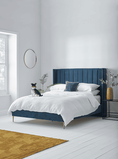 Fluted Velvet Super King Bed - Deep Blue