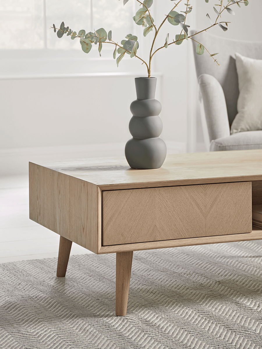 Product photograph of Chevron Oak Storage Coffee Table from Cox and Cox.