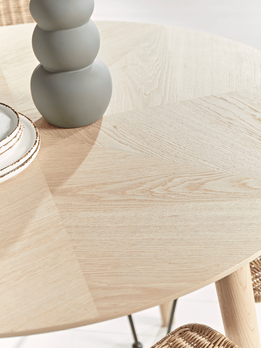 Product photograph of Chevron Oak Dining Table - Round from Cox and Cox.