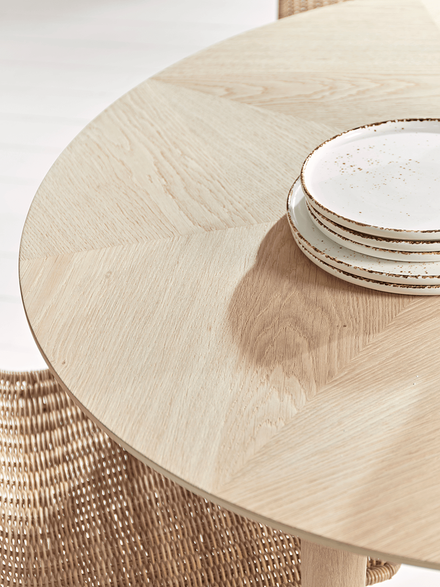 Product photograph of Chevron Oak Dining Table - Round from Cox and Cox.