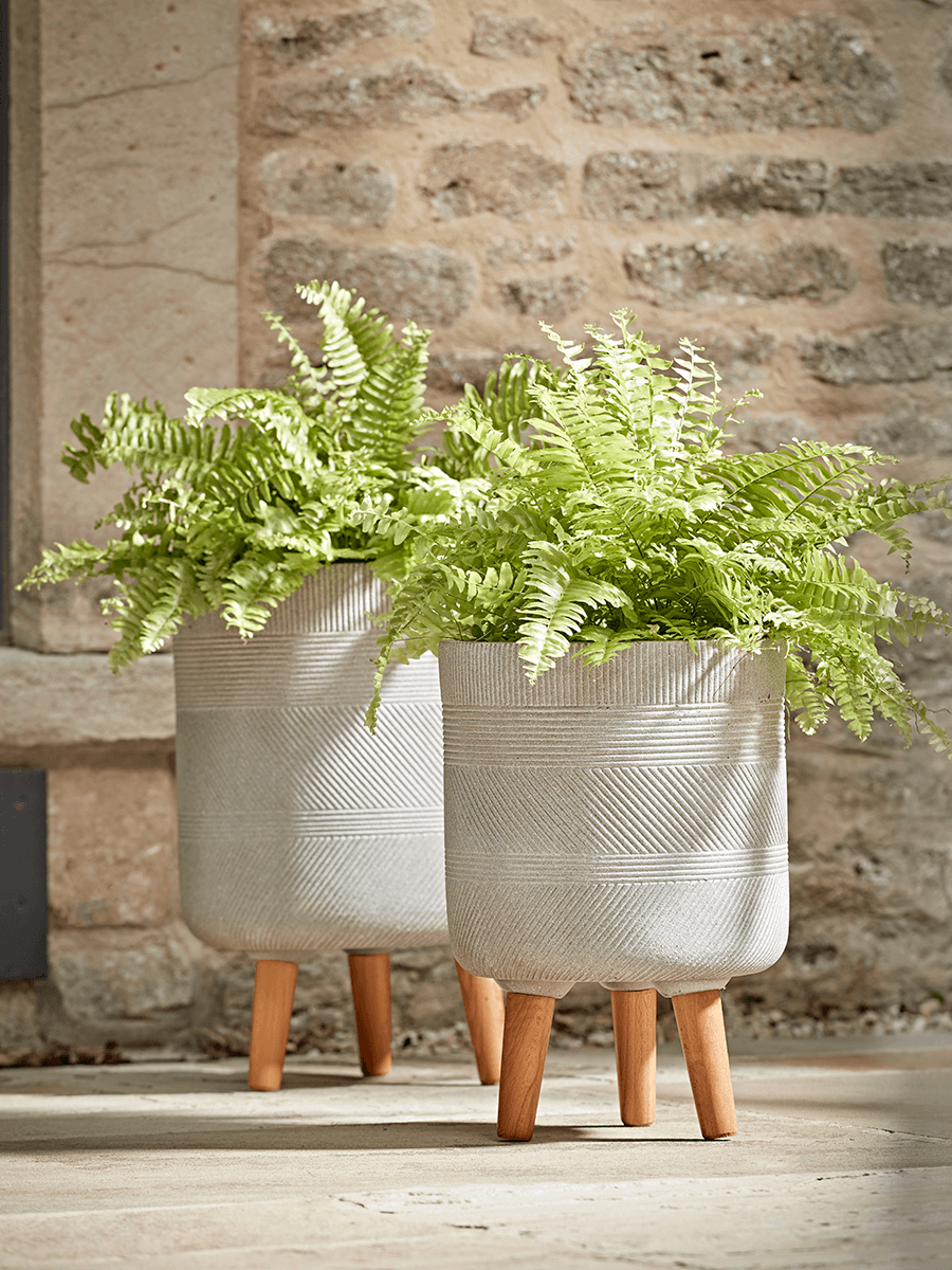 

Two Geometric Etched Standing Planters - Light Grey