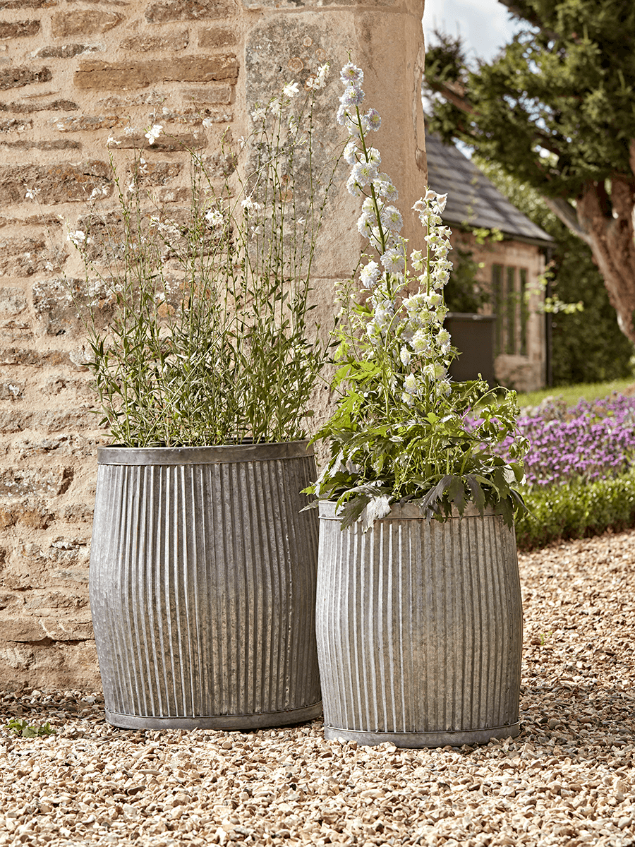 

Two Zinc Barrel Planters