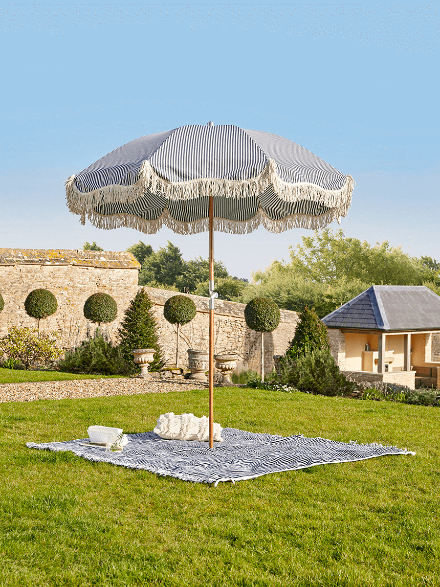 

Compact Fringed Parasol - Blue Stripe