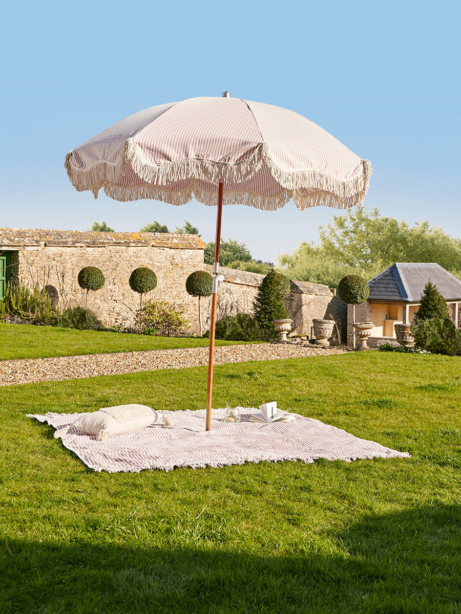 

Compact Fringed Parasol - Blush Stripe
