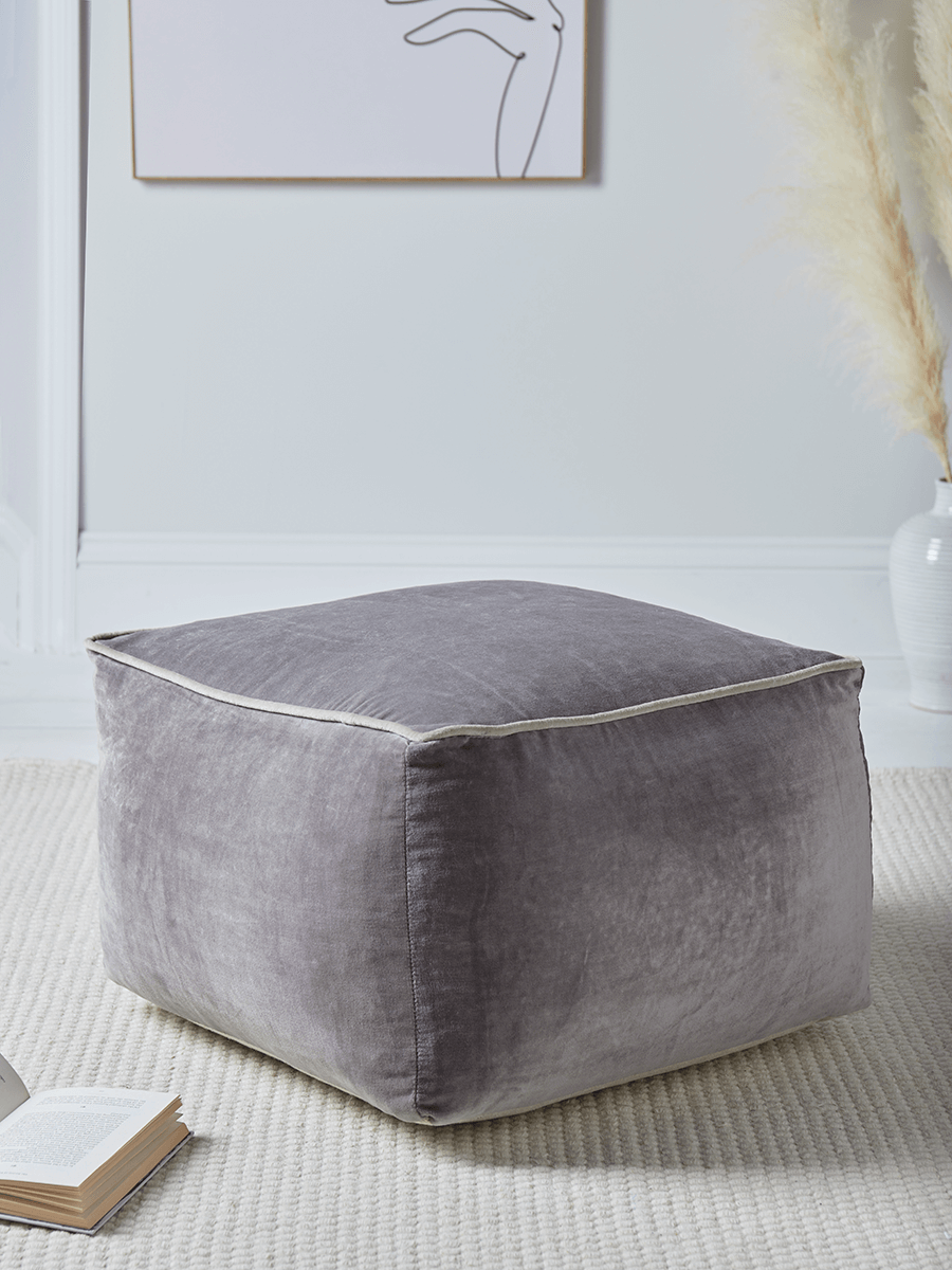 

Velvet Piped Square Pouffe - Grey
