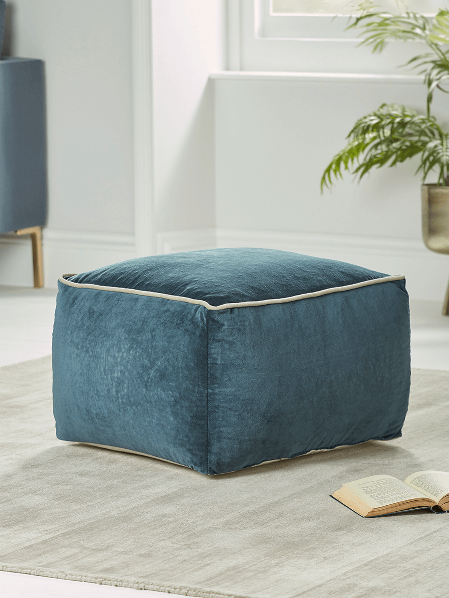 

Velvet Piped Square Pouffe - Dusky Blue