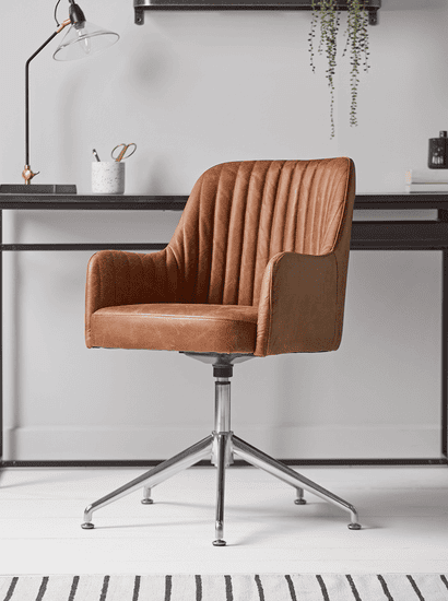 Fluted Leather Swivel Chair - Tan