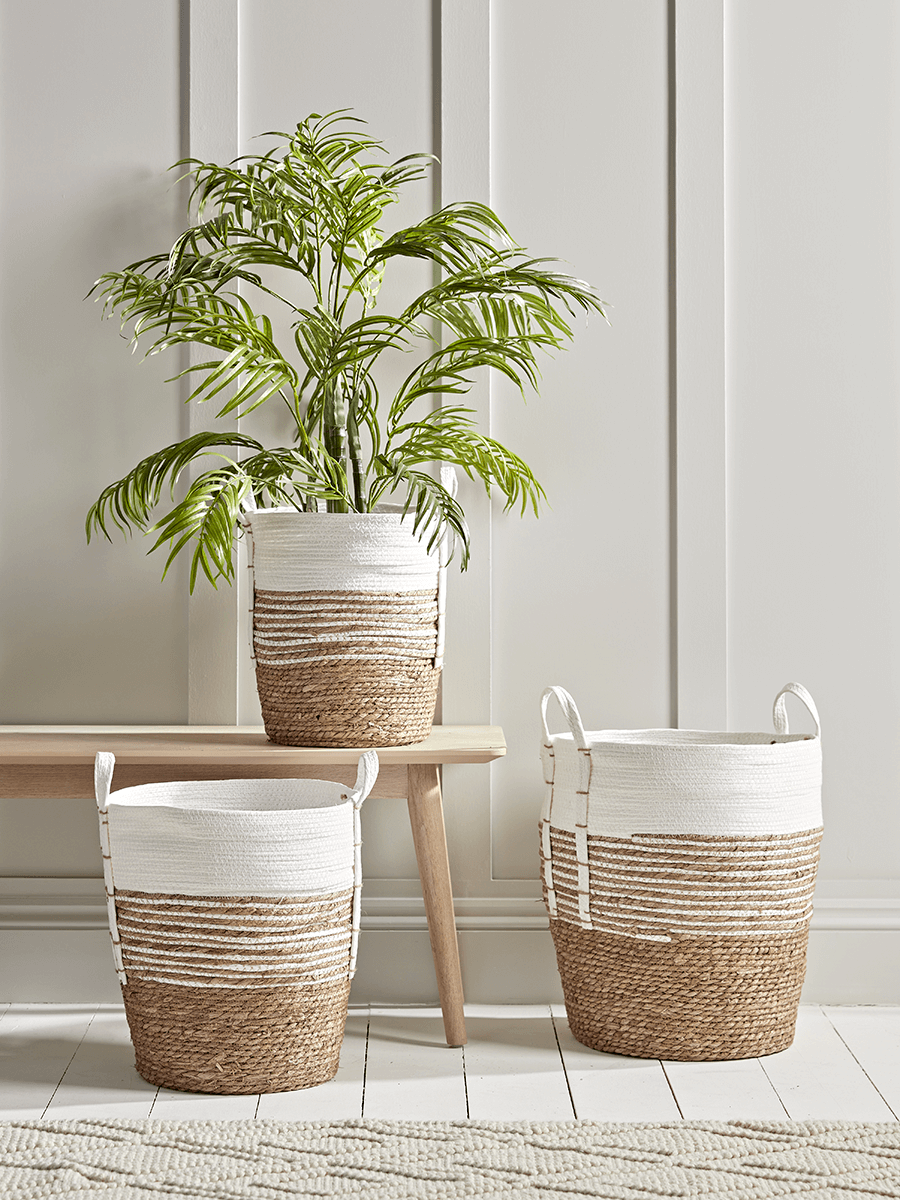 

NEW Three Tall White Striped Baskets