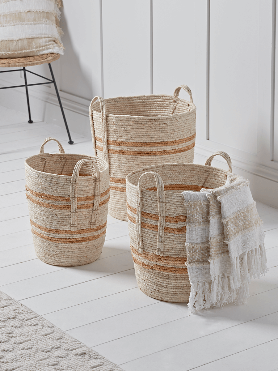 

NEW Three Tall Woven Striped Baskets