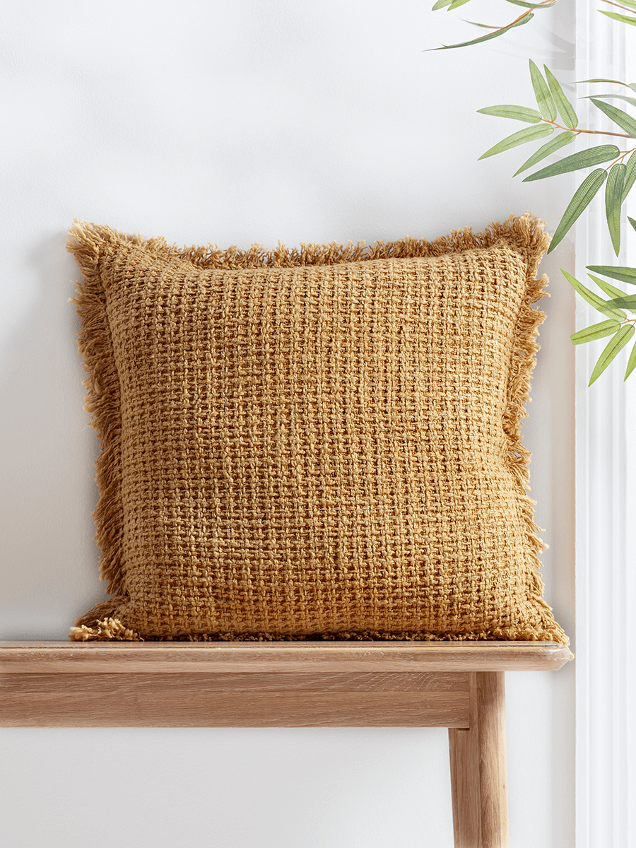 

NEW Fringed Woven Cushion - Mustard