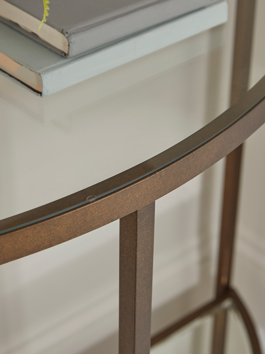 Product photograph of Glass Display Console Table - Aged Bronze from Cox and Cox.