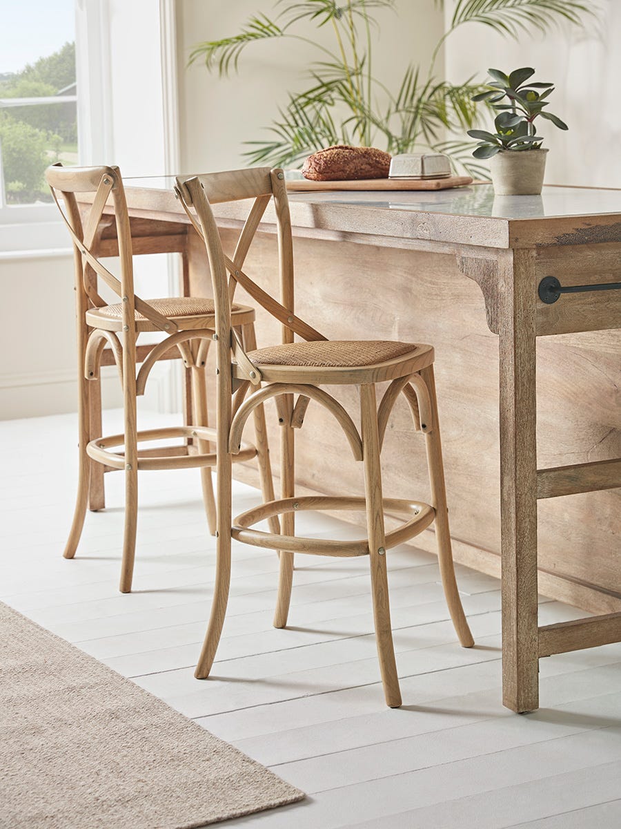 Two Cross Back Counter Stools Natural